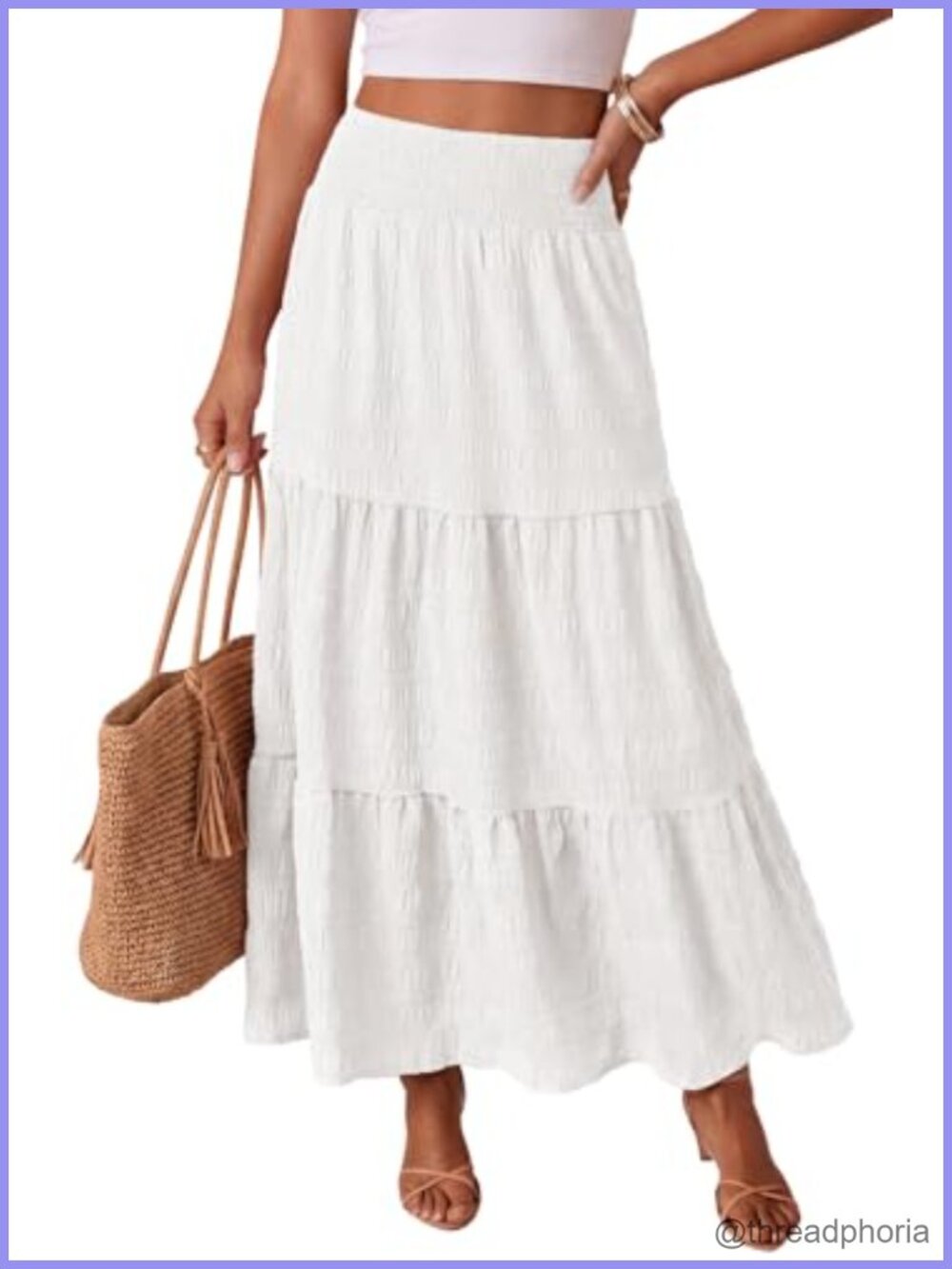 Women's Boho Maxi Skirt Smocked Tiered A Line Flowy Beach Vacation with Pockets